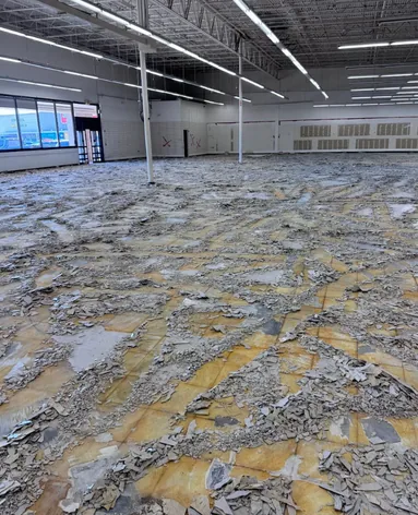 The same unit during demolition, floor tile broken up across the full floor plate and adhesive exposed